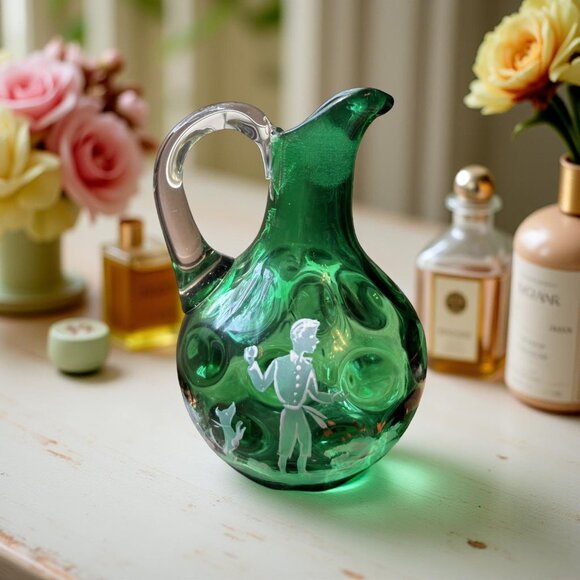 Vintage Green Art Glass Pitcher | Mary Gregory Style Hand Painted | Boho Vanity - Picture 2 of 5